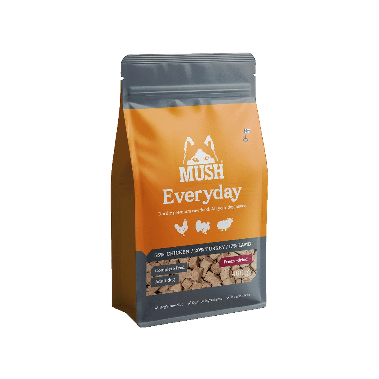 MUSH Everyday Grå frysetørret kylling kalkun lam 400 g - fuldfoder til hund